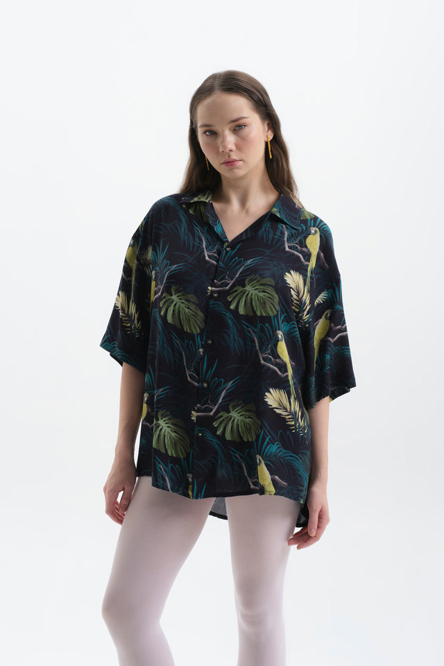 Dark Tropical Desenli Oversize Gömlek Kadın