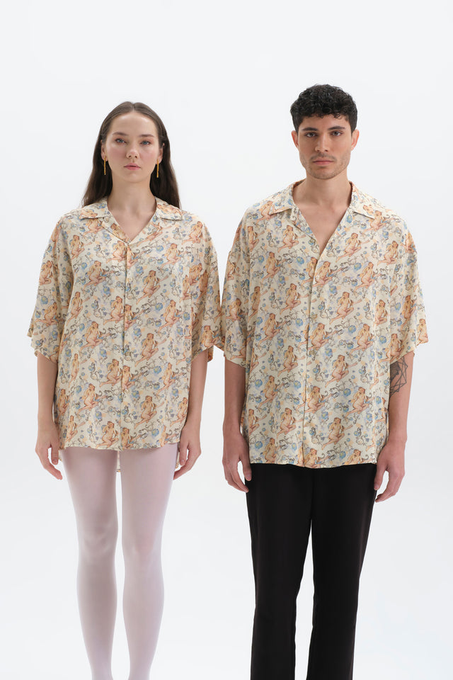 Adam and Eve Desenli Oversize Gömlek Kadın