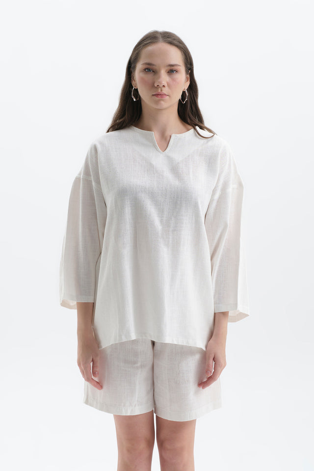 Beyaz Oversize Fakir Kol Keten T-shirt Kadın