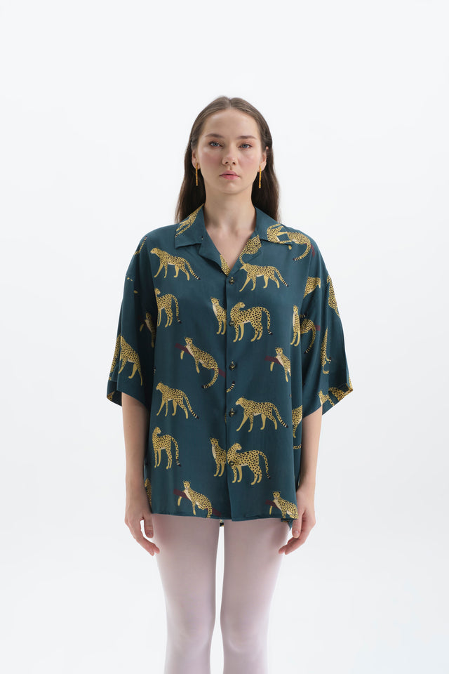 Cheetah Desenli Oversize Gömlek Kadın