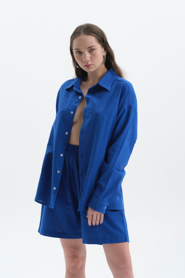 Raw Saks Mavi Oversize Keten Gömlek Kadın