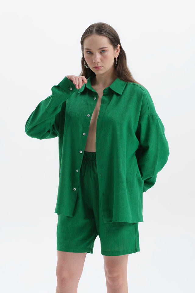 Raw Yeşil Oversize Keten Gömlek Kadın