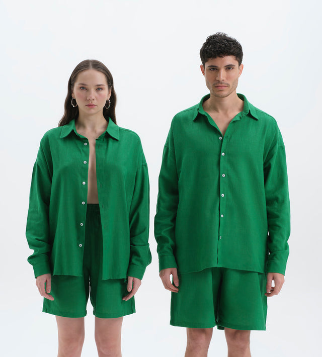 Raw Yeşil Oversize Keten Gömlek Kadın