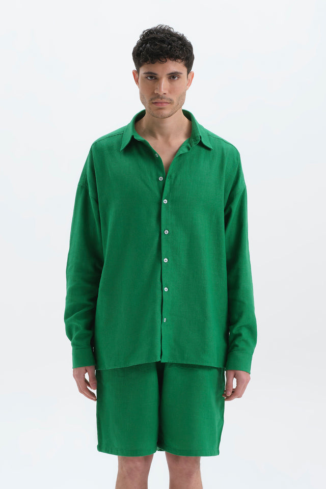 Raw Yeşil Oversize Keten Gömlek Erkek