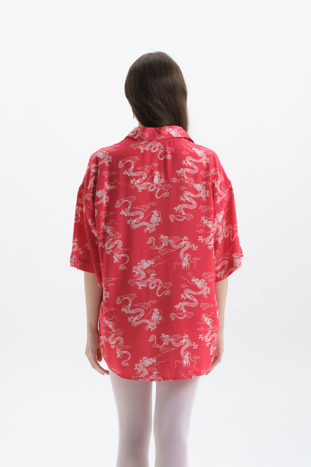 Red Dragon Desenli Oversize Gömlek Kadın