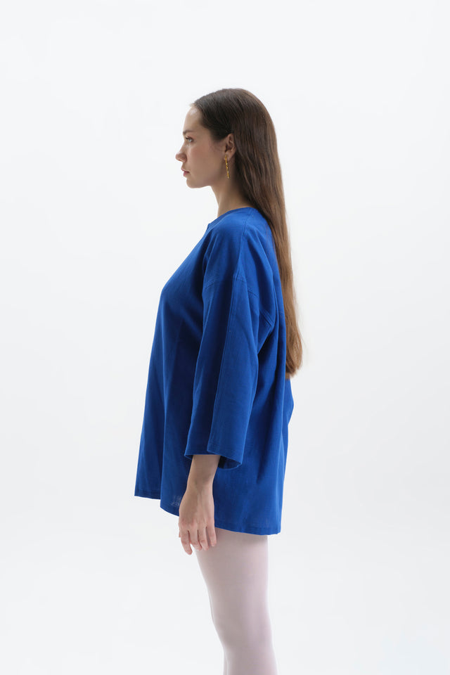 Saks Mavi Oversize Fakir Kol Keten T-shirt Kadın