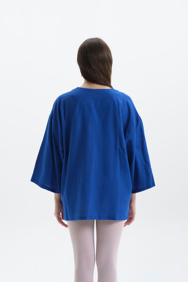 Saks Mavi Oversize Fakir Kol Keten T-shirt Kadın