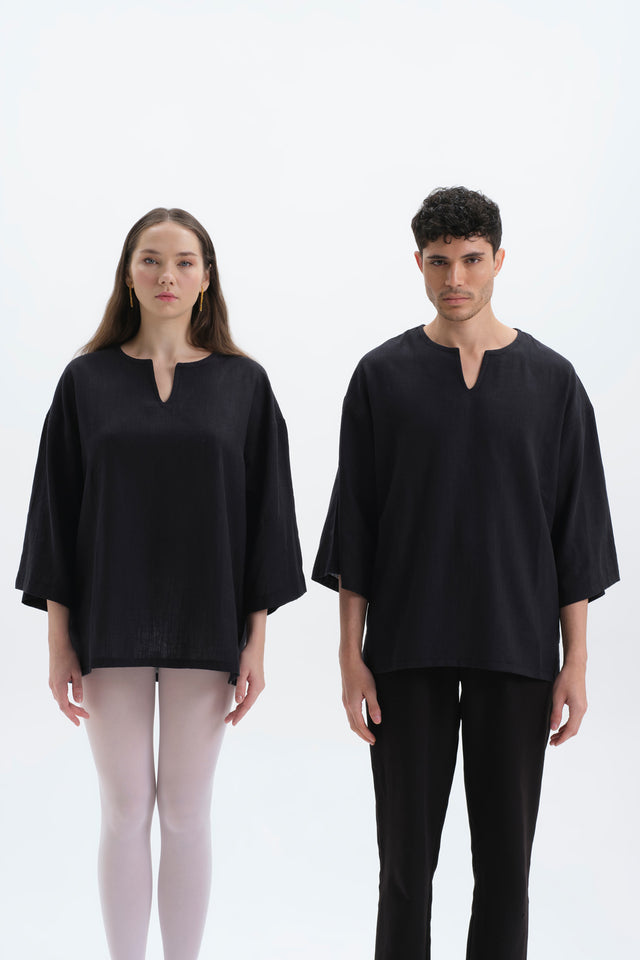 Siyah Oversize Fakir Kol Keten T-shirt Kadın