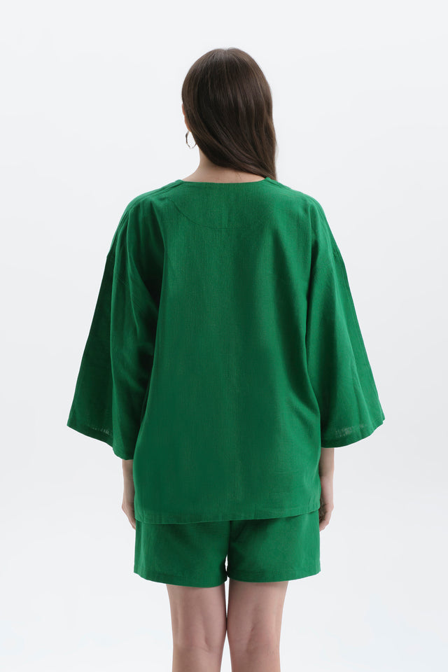 Yeşil Oversize Fakir Kol Keten T-shirt Kadın