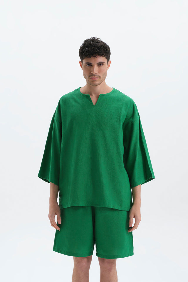 Yeşil Oversize Fakir Kol Keten T-shirt Erkek